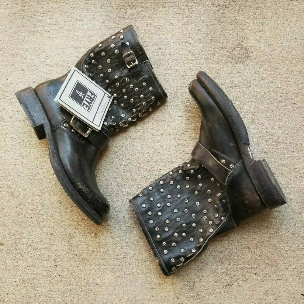 Frye Jenna Cut Stud Black Stonewash Leather Boots
